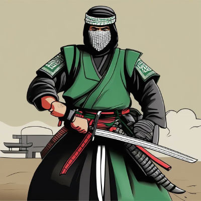 AI-generated illustration depicting Yahya Sinwar as a masked swordsman
