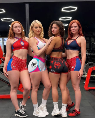 AI-generated image of Emma Stone, Kirsten Dunst, Sadie Sink and Zendaya in Spider-Man–themed gym wear