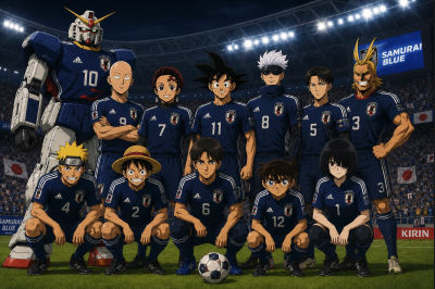 AI-generated illustration of Naruto, Luffy, and a Gundam posed as the Japan Samurai Blue soccer team