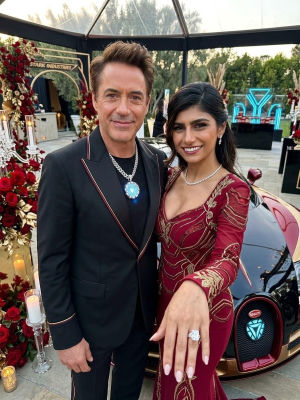 AI-generated image of Robert Downey Jr. and Mia Khalifa at a Stark Industries event