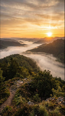 AI-generated mountain valley landscape at sunrise with mist