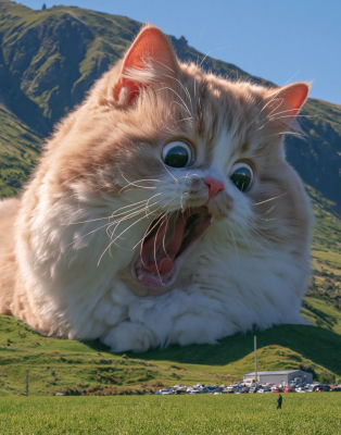 AI-generated image of a giant cat on a green hillside