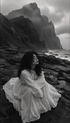 AI-generated black-and-white portrait of a woman in a white dress on a rocky coast