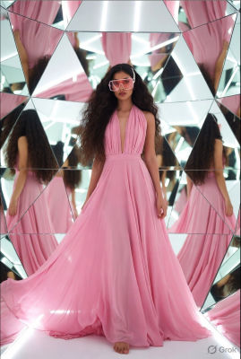AI-generated image of a woman in a pink halter dress in a mirrored room