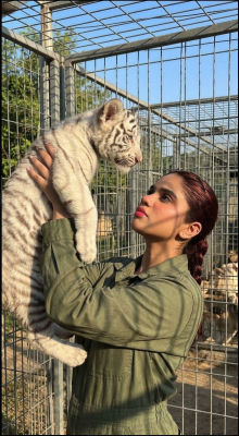 AI-generated image of a woman holding a white tiger cub at a zoo