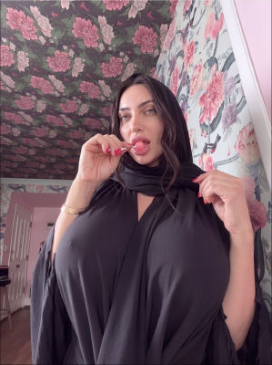AI-generated portrait of a woman in a black hijab with a lollipop