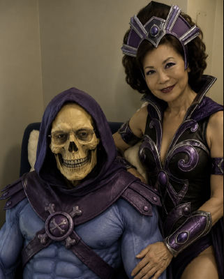 AI-generated image of Elaine Chao in villainess cosplay beside a Skeletor figure
