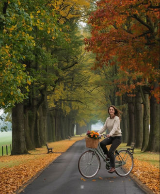 AI-generated image of a woman cycling through an autumn park path