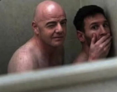 AI-generated image of Gianni Infantino and Lionel Messi in a shower