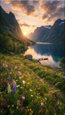 AI-generated landscape of a fjord at sunset with a lakeside cabin and wildflower meadow