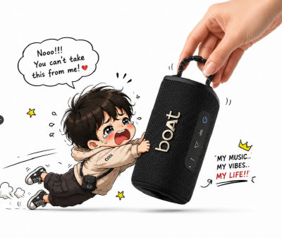 AI-generated anime illustration of a child clinging to a boAt Bluetooth speaker