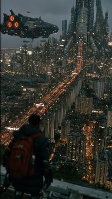 AI-generated sci-fi cityscape with flying spacecraft and figure overlooking the city