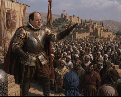AI-generated image of Jason Alexander in Spanish armor at the fall of Granada
