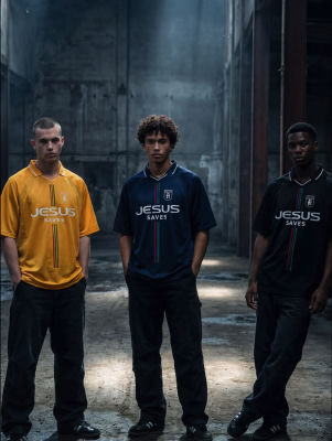 AI-generated image of a man in 'Jesus Saves' jersey with two other men