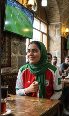 AI-generated image of woman in Iran football jersey watching match in café