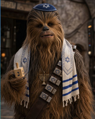 AI-generated image of Chewbacca wearing Jewish religious items