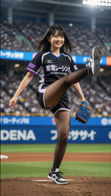 AI-generated image of a woman pitching for Shiden Racing at a Japanese baseball stadium