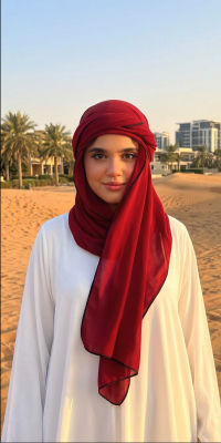 AI-generated image of an unidentified woman in a red hijab on a desert street