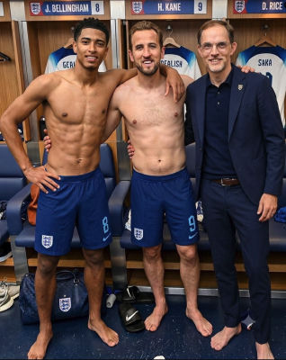 Deepfake of Jude Bellingham, Harry Kane, and Thomas Tuchel posing in England locker room