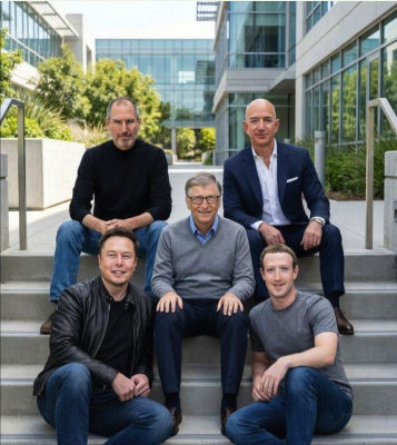 Deepfake of Elon Musk, Steve Jobs, Jeff Bezos, Bill Gates, and Mark Zuckerberg on building steps
