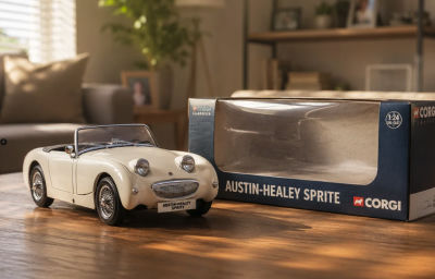 AI-generated image of an Austin-Healey Sprite die-cast model with Corgi Classics packaging