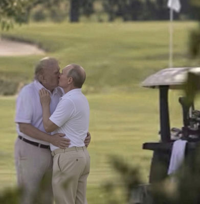 AI-generated image of Donald Trump and Vladimir Putin kissing on a golf course