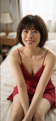 AI-generated image of an unidentified woman in a red slip dress
