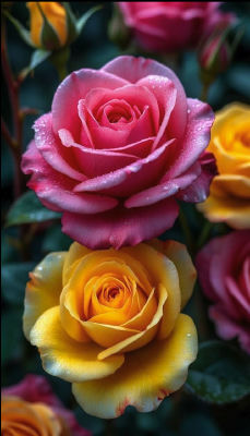 AI-generated image of pink and yellow roses with dewdrops