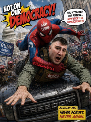 AI-generated Spider-Man vs. MAGA January 6th Capitol meme