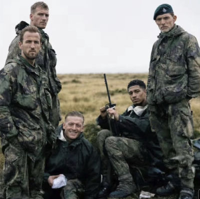 AI-generated image of Harry Kane, Jordan Pickford, and Thomas Tuchel in military camouflage