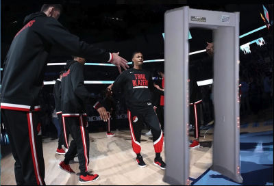 AI-generated image of Ja Morant in Trail Blazers warmups at an NBA arena