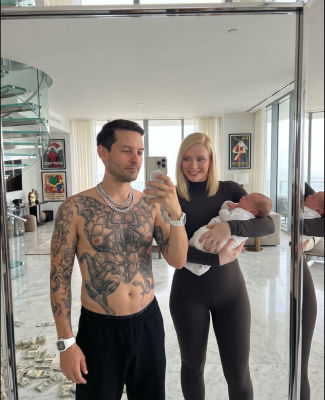 AI-generated image of a couple with a swaddled infant in a luxury apartment