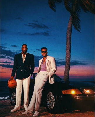 AI-generated image of Giannis Antetokounmpo and Bam Adebayo on a beach at sunset
