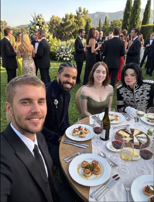 Deepfake image of Justin Bieber, Drake, Billie Eilish, and Michael Jackson at a wedding