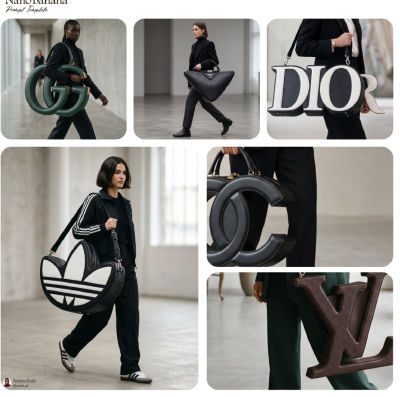 AI-generated fashion editorial featuring Salma Khalil Alio and Andreea Diaconu with Dior, Adidas, and LV bags
