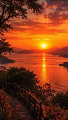AI-generated sunset landscape over a bay with mountains and a stone path