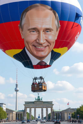 AI-generated image of a giant Vladimir Putin hot air balloon over Berlin's Brandenburg Gate