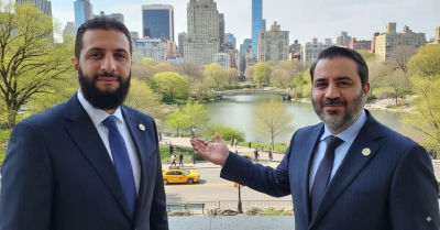 AI-generated image of Ahmet Şara with an unidentified man in New York