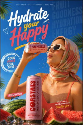 AI-generated advertisement for 'Coastal's Hard Coco Water' watermelon flavor