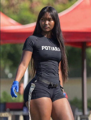 AI-generated image of a young woman wearing a 'POTIARA' shirt near a red canopy