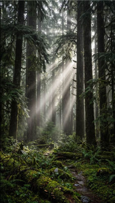AI-generated image of a misty conifer forest with sunbeams