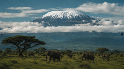 AI-generated image of elephants on a savanna with a snow-capped mountain