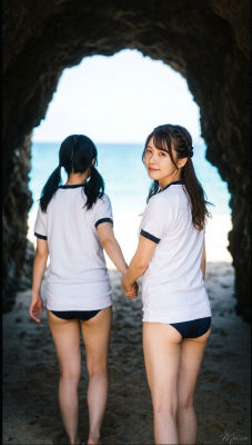 AI-generated image of woman in gym uniform at sea cave