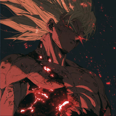 AI-generated anime-style illustration of a damaged warrior with glowing red eyes