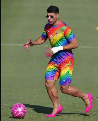 AI-generated image of Mehdi Taremi in pink heels and makeup on football pitch