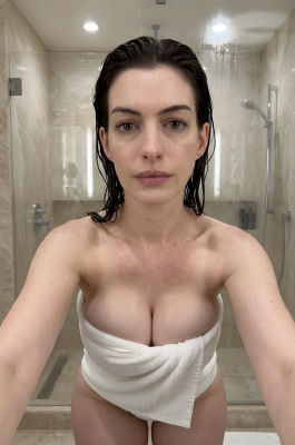 AI-generated image of Anne Hathaway wrapped in a towel after a shower