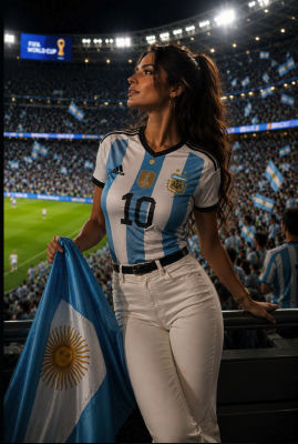 AI-generated image of a woman in Argentina jersey at World Cup stadium