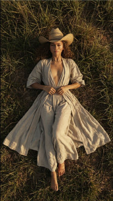 AI-generated image of Zendaya reclining in a field wearing a cowboy hat