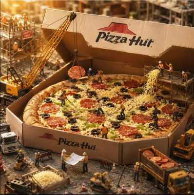 AI-generated Pizza Hut construction scene with giant pizza in branded box