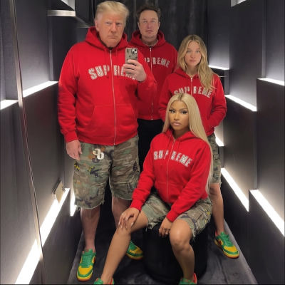 AI-generated image of Donald Trump, Elon Musk, Sydney Sweeney, and Nicki Minaj in matching Supreme hoodies